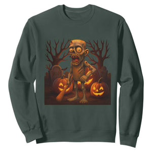Funny Halloween Zombie Tung Tung Sahur Sweatshirt Italian Brainrot Meme TS11 Dark Forest Green Print Your Wear