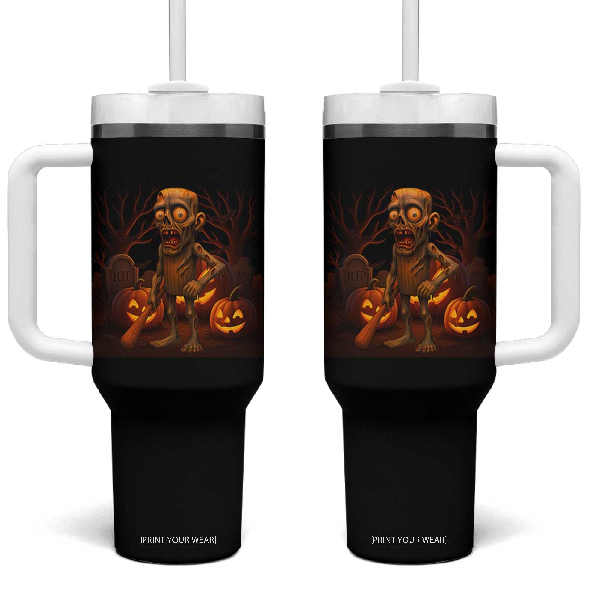 Funny Halloween Zombie Tung Tung Sahur Tumbler With Handle Italian Brainrot Meme TS11 One Size: 40 oz Black Print Your Wear
