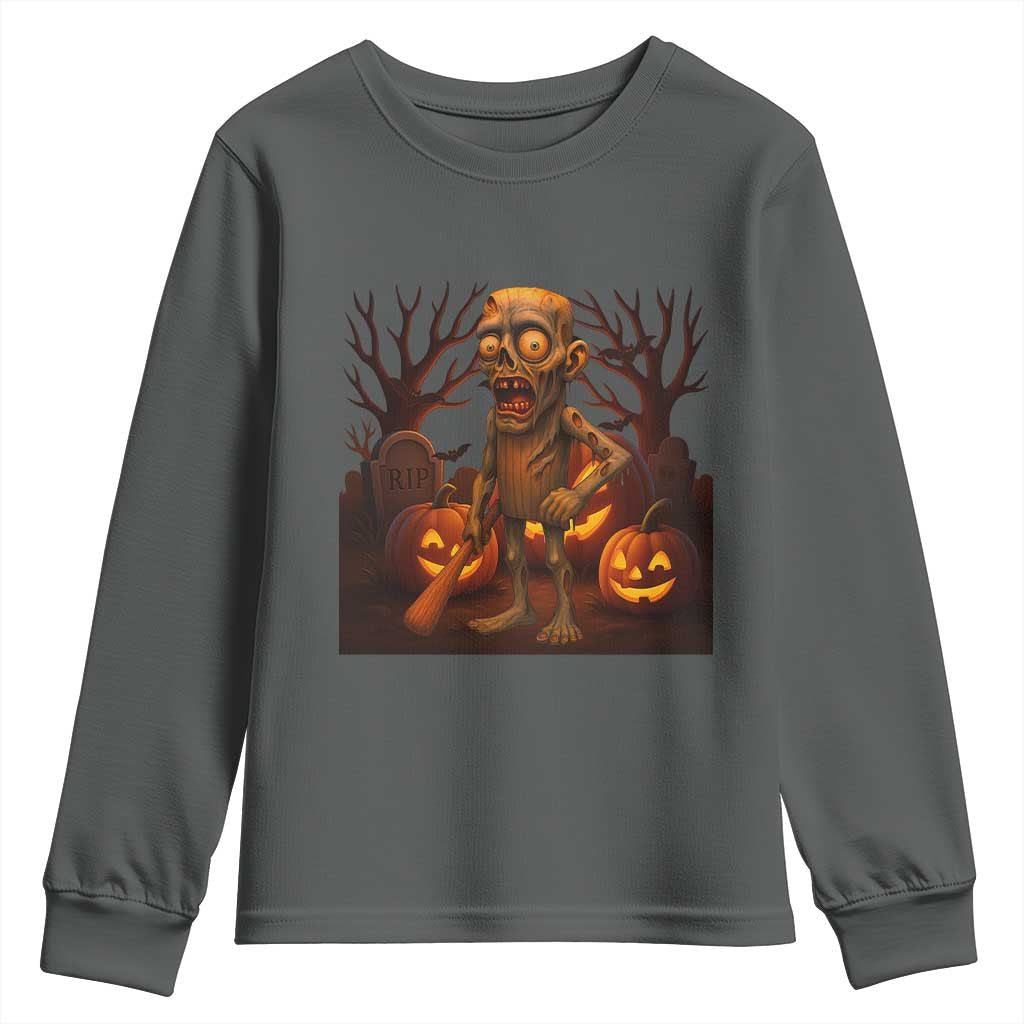 Funny Halloween Zombie Tung Tung Sahur Youth Sweatshirt Italian Brainrot Meme TS11 Dark Heather Print Your Wear