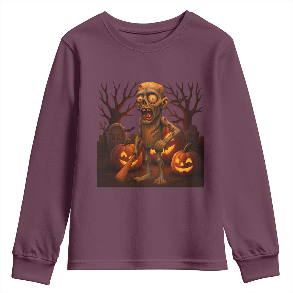 Funny Halloween Zombie Tung Tung Sahur Youth Sweatshirt Italian Brainrot Meme TS11 Maroon Print Your Wear