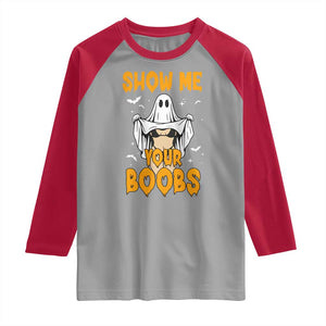 Funny Halloween Show Me Your Boobs Raglan Shirt Halloween Adult Humor Spooky Ghost TS11 Sport Gray Red Print Your Wear