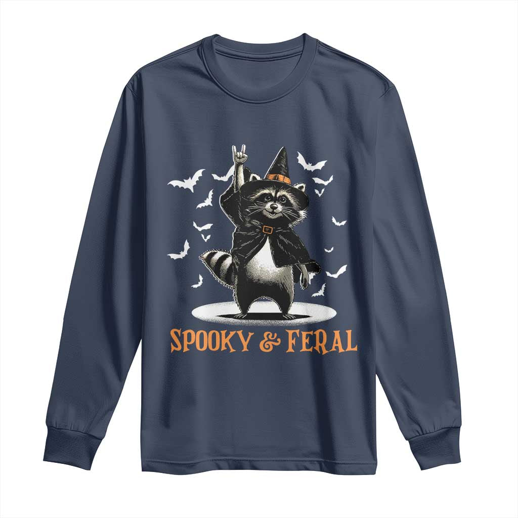 Funny Spooky And Feral Raccon Halloween Long Sleeve Shirt Racoon Lover TS11 Navy Print Your Wear
