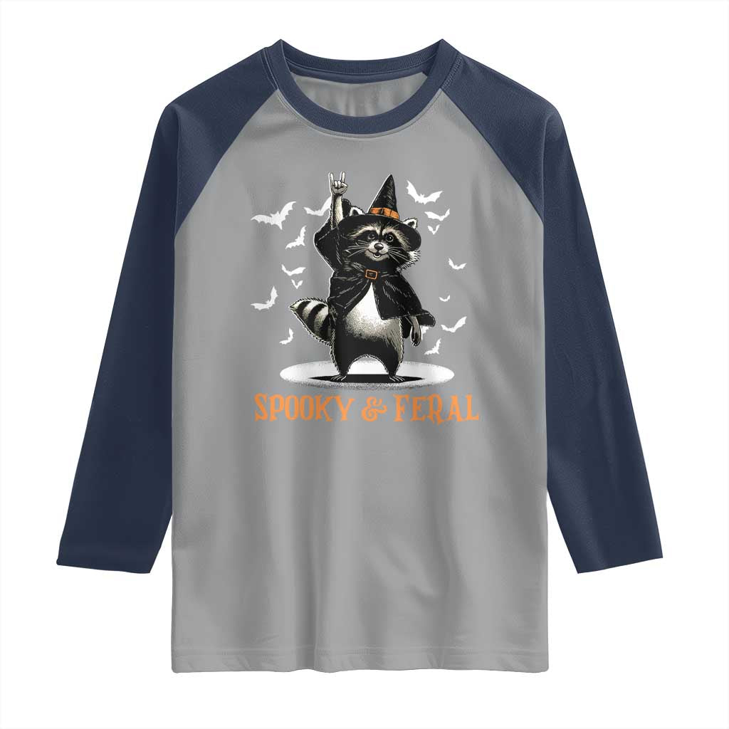 Funny Spooky And Feral Raccon Halloween Raglan Shirt Racoon Lover TS11 Sport Gray Navy Print Your Wear