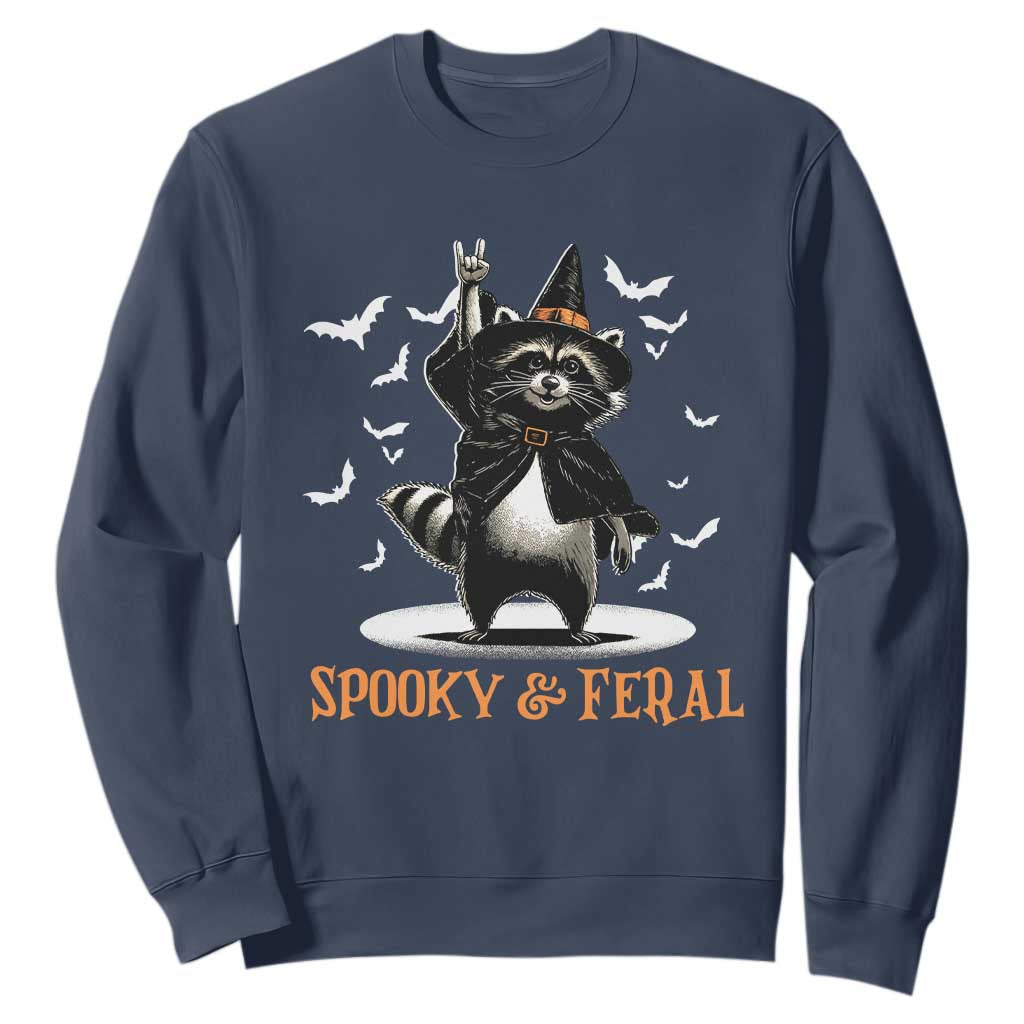 Funny Spooky And Feral Raccon Halloween Sweatshirt Racoon Lover TS11 Navy Print Your Wear