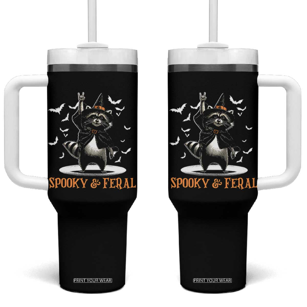 Funny Spooky And Feral Raccon Halloween Tumbler With Handle Racoon Lover TS11 One Size: 40 oz Black Print Your Wear