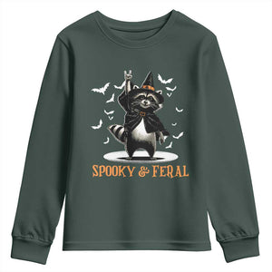 Funny Spooky And Feral Raccon Halloween Youth Sweatshirt Racoon Lover TS11 Dark Forest Green Print Your Wear