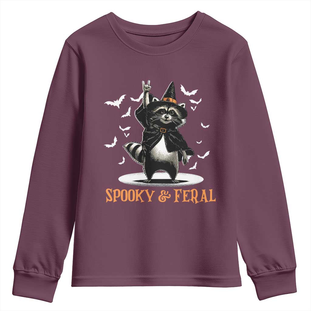 Funny Spooky And Feral Raccon Halloween Youth Sweatshirt Racoon Lover TS11 Maroon Print Your Wear