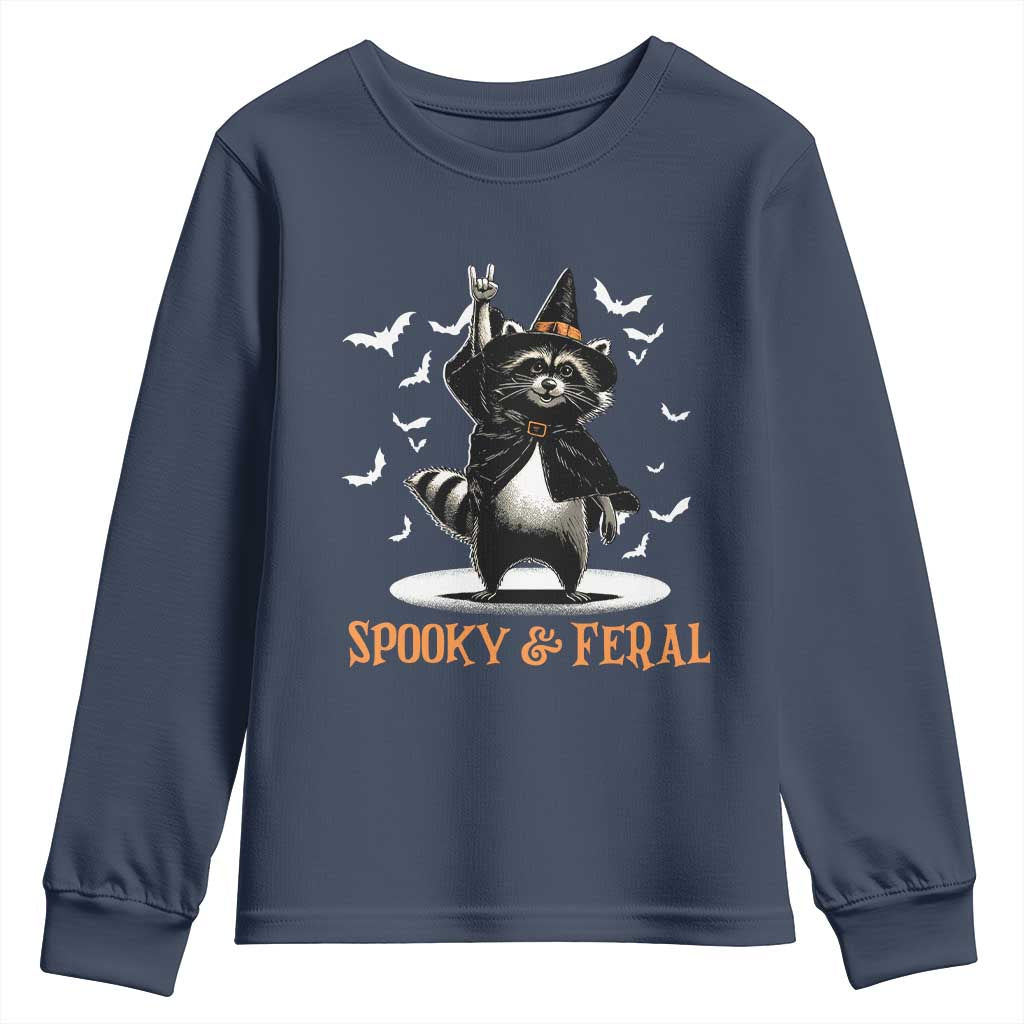 Funny Spooky And Feral Raccon Halloween Youth Sweatshirt Racoon Lover TS11 Navy Print Your Wear