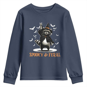Funny Spooky And Feral Raccon Halloween Youth Sweatshirt Racoon Lover TS11 Navy Print Your Wear