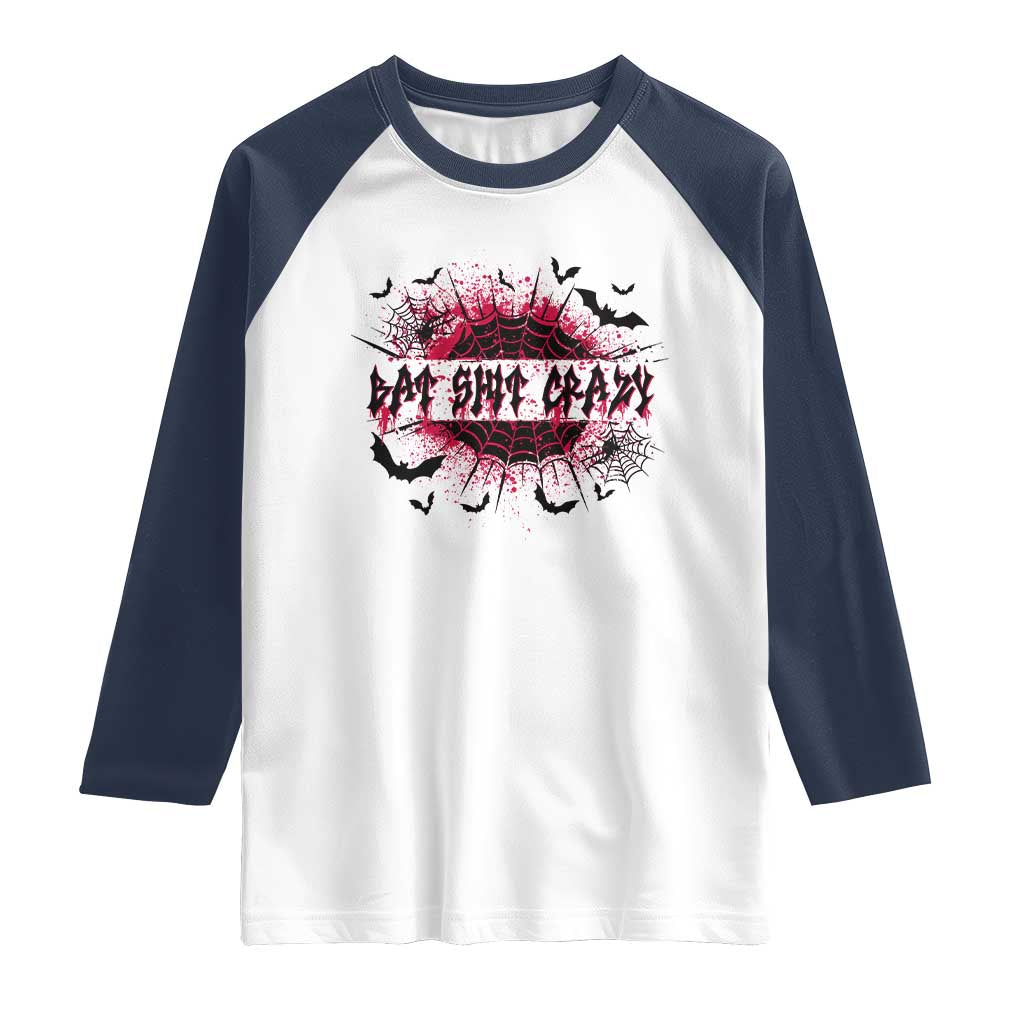 Funny Halloween Bat Shit Crazy Raglan Shirt Horror Spider Web TS11 White Navy Print Your Wear