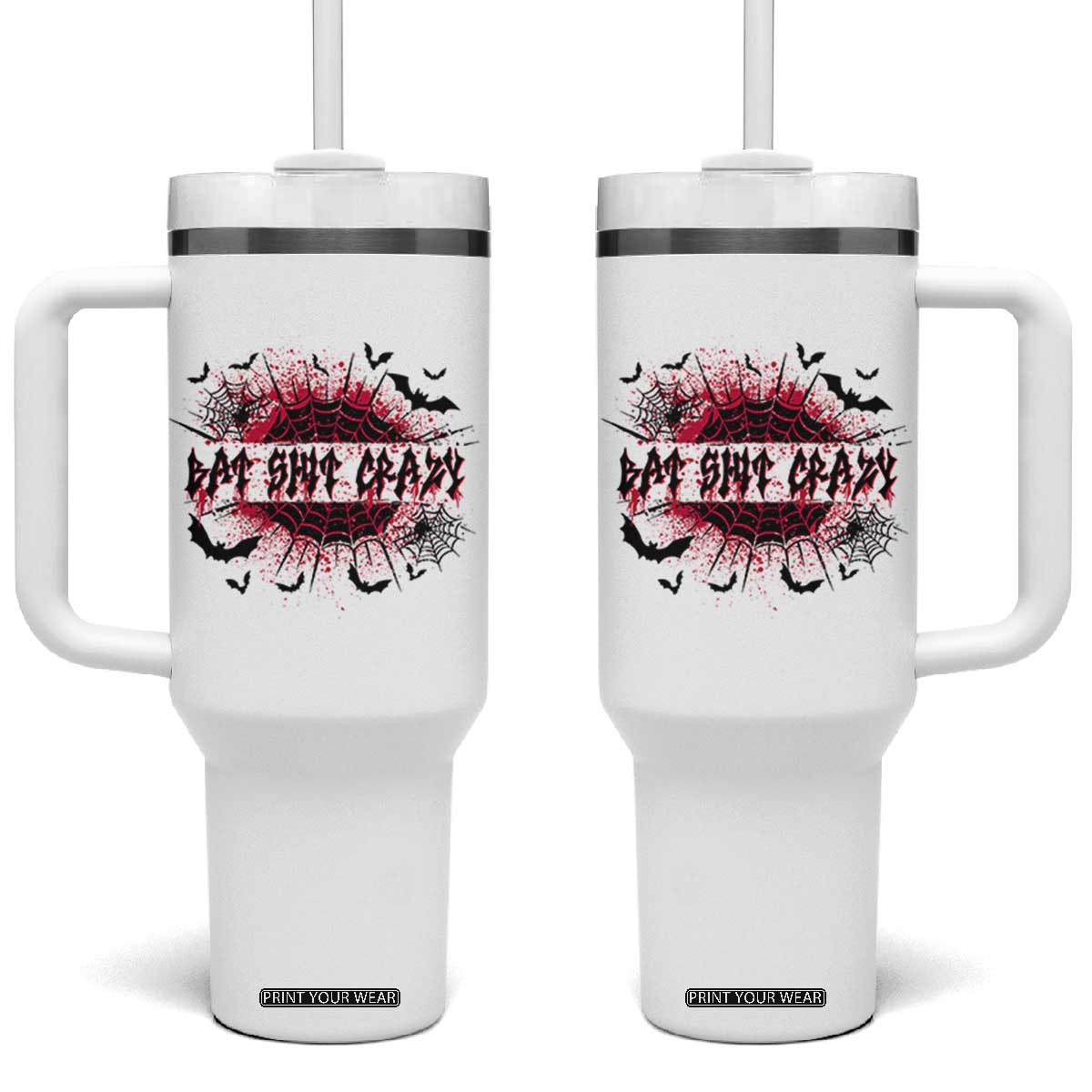Funny Halloween Bat Shit Crazy Tumbler With Handle Horror Spider Web TS11 One Size: 40 oz White Print Your Wear
