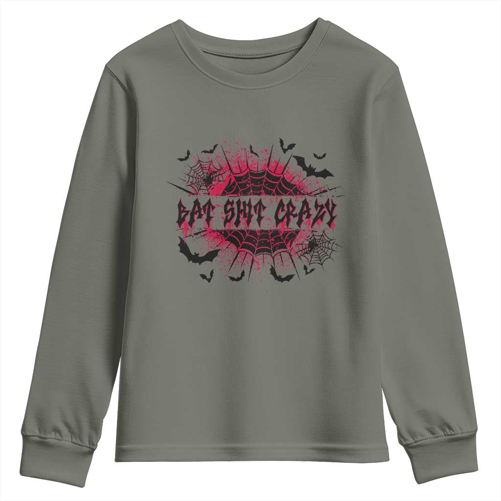 Funny Halloween Bat Shit Crazy Youth Sweatshirt Horror Spider Web TS11 Military Green Print Your Wear