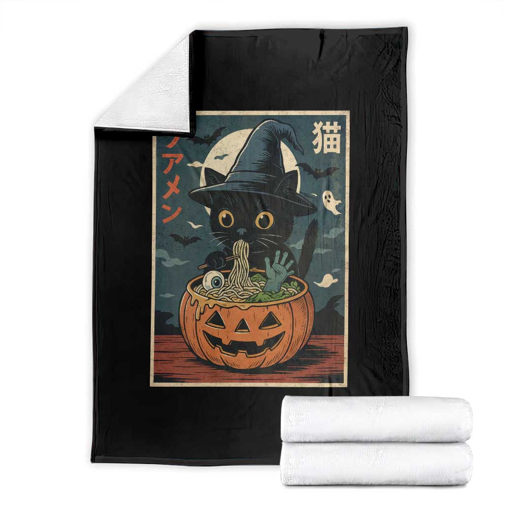 Funny Spooky Black Cat Eating Ramen Kawaii Japanese Halloween Throw Blanket TS11 Black Print Your Wear
