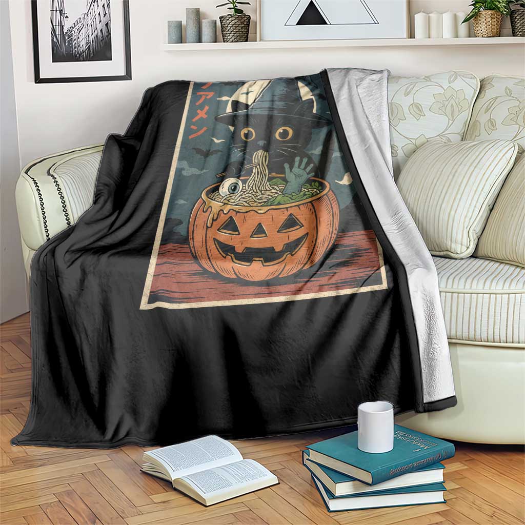 Funny Spooky Black Cat Eating Ramen Kawaii Japanese Halloween Throw Blanket TS11 Print Your Wear