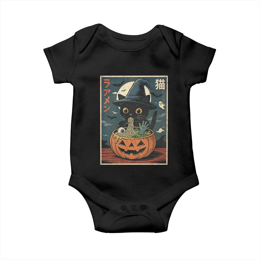 Funny Spooky Black Cat Eating Ramen Kawaii Japanese Halloween Baby Onesie TS11 Black Print Your Wear