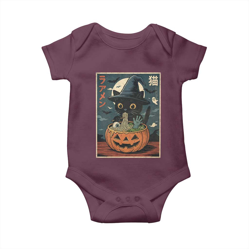 Funny Spooky Black Cat Eating Ramen Kawaii Japanese Halloween Baby Onesie TS11 Maroon Print Your Wear