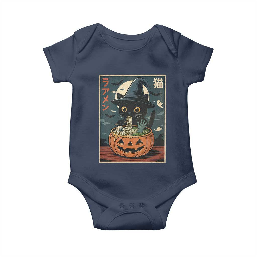 Funny Spooky Black Cat Eating Ramen Kawaii Japanese Halloween Baby Onesie TS11 Navy Print Your Wear