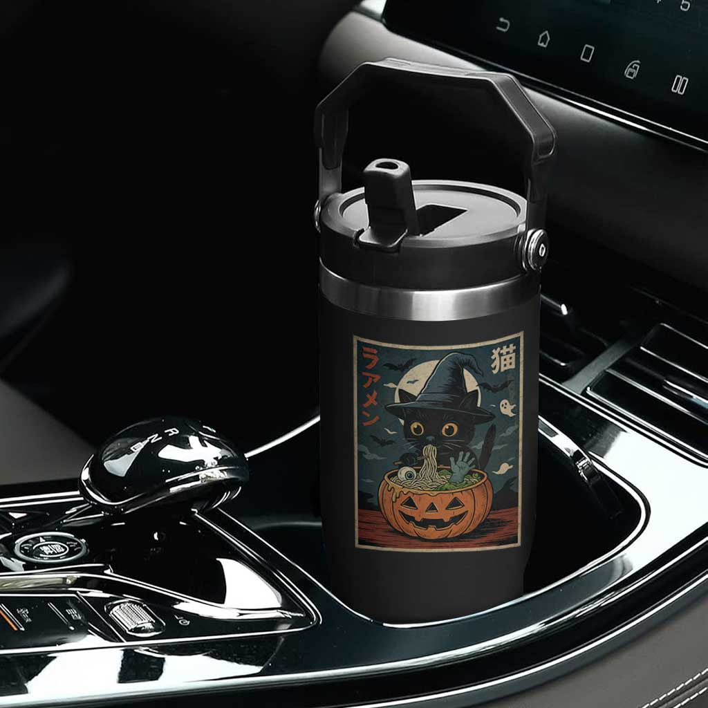 Funny Spooky Black Cat Eating Ramen Kawaii Japanese Halloween Flip Straw Tumbler TS11 Print Your Wear