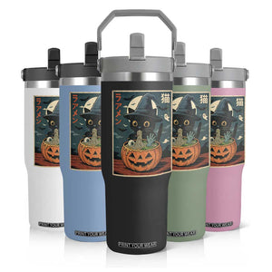 Funny Spooky Black Cat Eating Ramen Kawaii Japanese Halloween Flip Straw Tumbler TS11 Print Your Wear