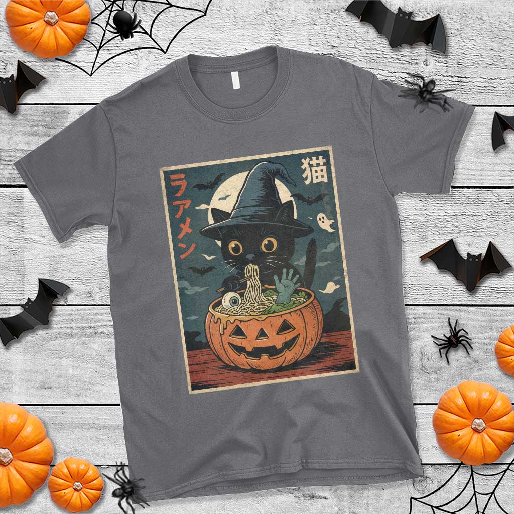Funny Spooky Black Cat Eating Ramen Kawaii Japanese Halloween T Shirt TS11 Charcoal Print Your Wear