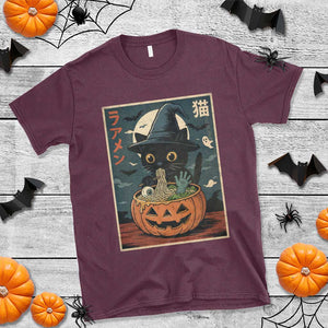 Funny Spooky Black Cat Eating Ramen Kawaii Japanese Halloween T Shirt TS11 Maroon Print Your Wear