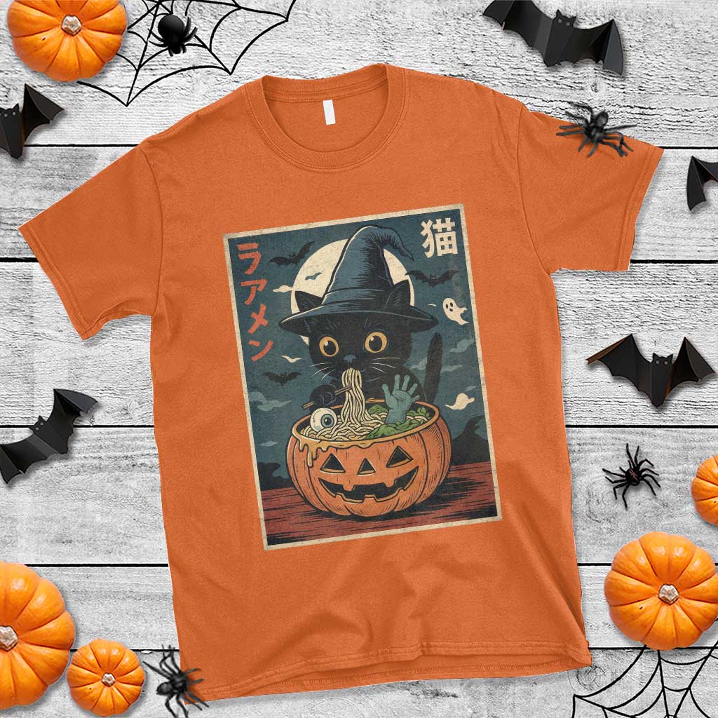 Funny Spooky Black Cat Eating Ramen Kawaii Japanese Halloween T Shirt TS11 Orange Print Your Wear