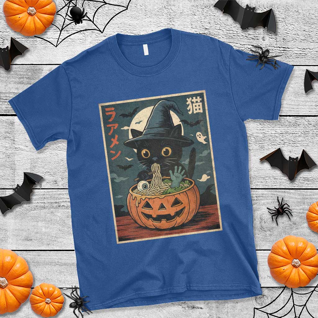 Funny Spooky Black Cat Eating Ramen Kawaii Japanese Halloween T Shirt TS11 Royal Blue Print Your Wear