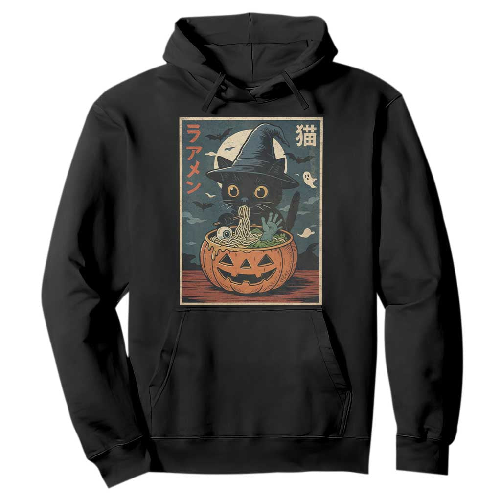 Funny Spooky Black Cat Eating Ramen Kawaii Japanese Halloween Hoodie TS11 Black Print Your Wear