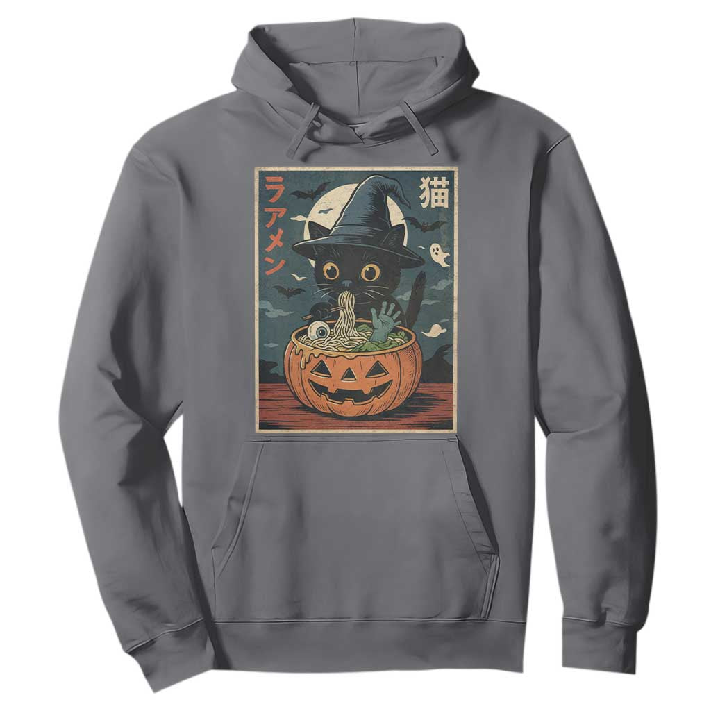 Funny Spooky Black Cat Eating Ramen Kawaii Japanese Halloween Hoodie TS11 Charcoal Print Your Wear