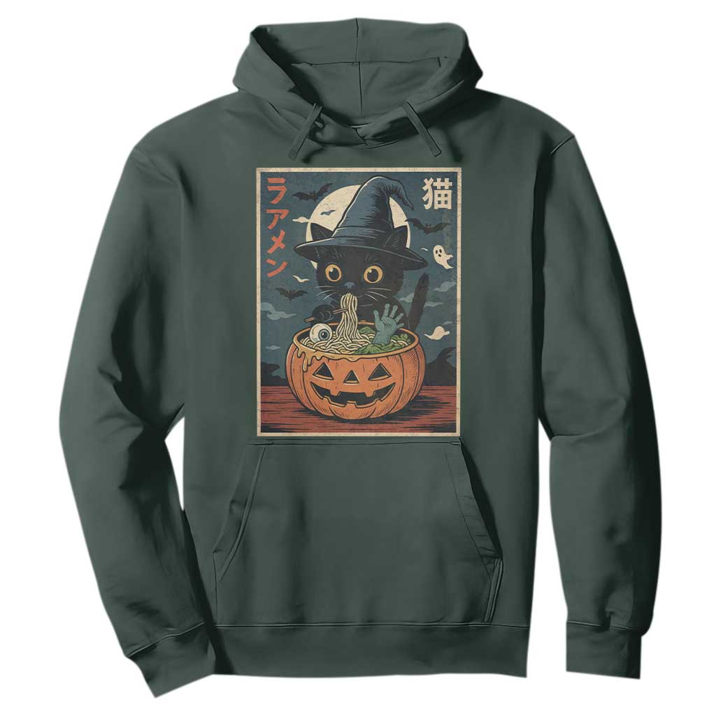 Funny Spooky Black Cat Eating Ramen Kawaii Japanese Halloween Hoodie TS11 Dark Forest Green Print Your Wear