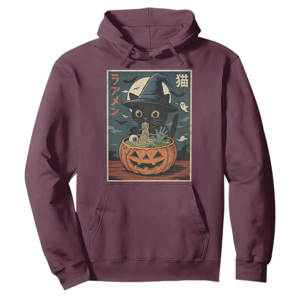 Funny Spooky Black Cat Eating Ramen Kawaii Japanese Halloween Hoodie TS11 Maroon Print Your Wear