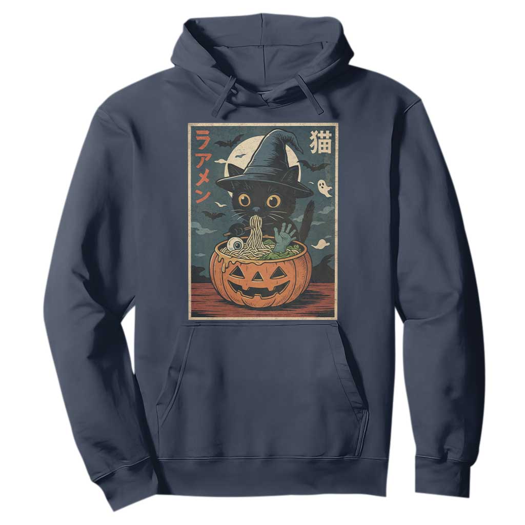 Funny Spooky Black Cat Eating Ramen Kawaii Japanese Halloween Hoodie TS11 Navy Print Your Wear