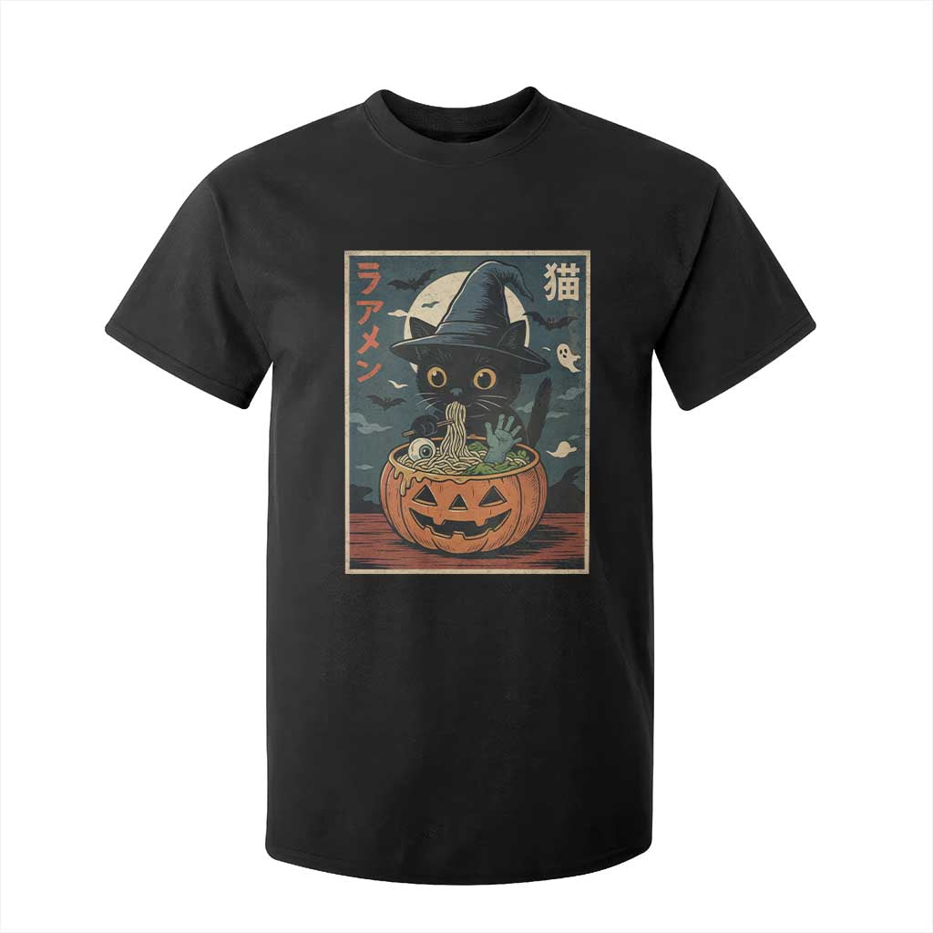 Funny Spooky Black Cat Eating Ramen Kawaii Japanese Halloween T Shirt For Kid TS11 Black Print Your Wear