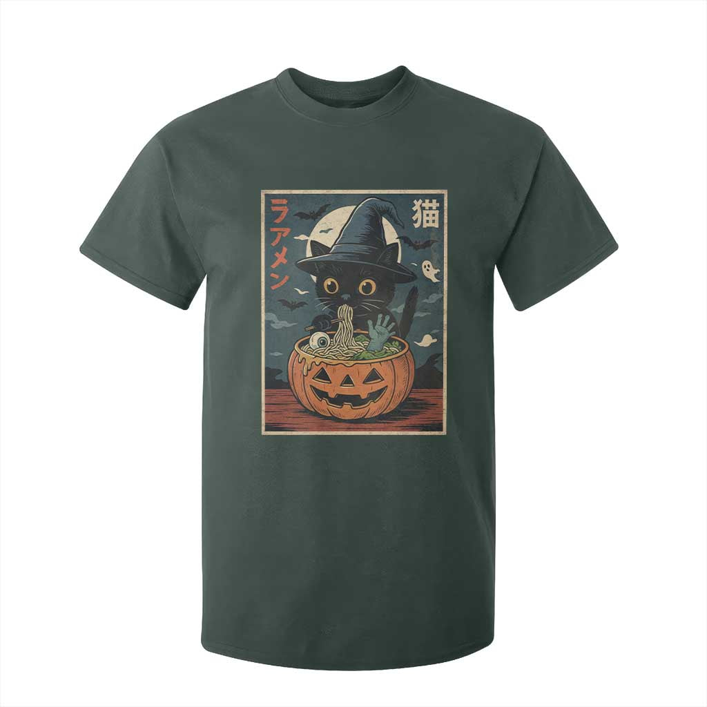 Funny Spooky Black Cat Eating Ramen Kawaii Japanese Halloween T Shirt For Kid TS11 Dark Forest Green Print Your Wear