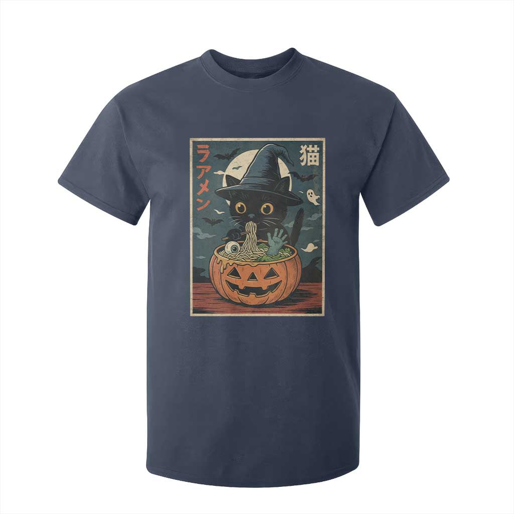 Funny Spooky Black Cat Eating Ramen Kawaii Japanese Halloween T Shirt For Kid TS11 Navy Print Your Wear