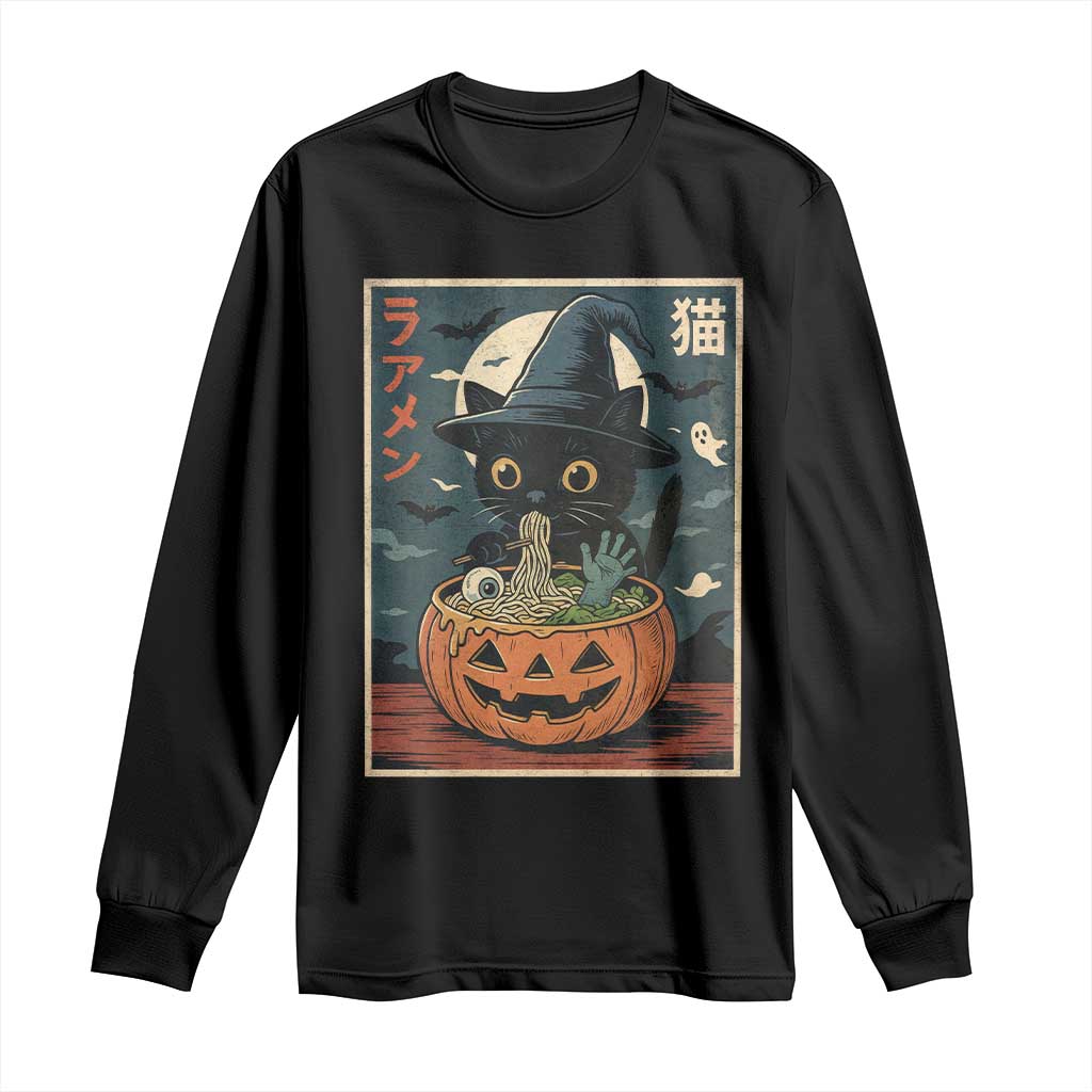 Funny Spooky Black Cat Eating Ramen Kawaii Japanese Halloween Long Sleeve Shirt TS11 Black Print Your Wear