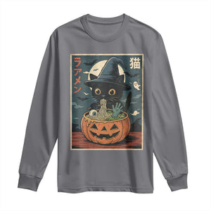 Funny Spooky Black Cat Eating Ramen Kawaii Japanese Halloween Long Sleeve Shirt TS11 Charcoal Print Your Wear