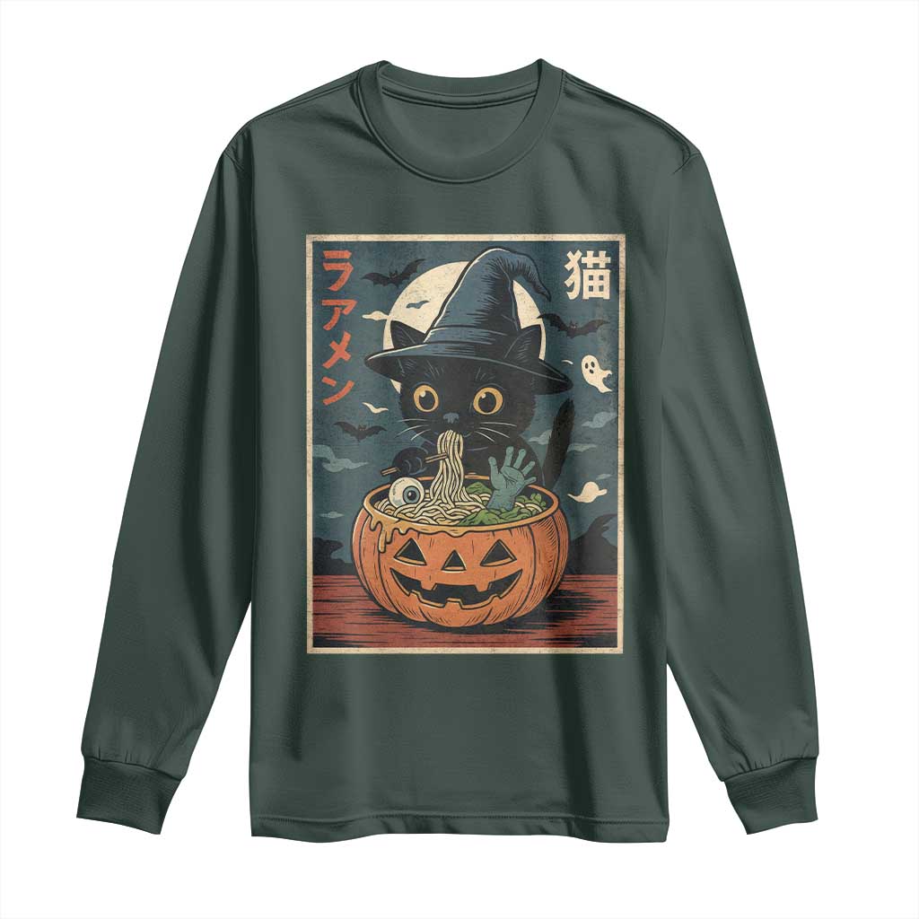 Funny Spooky Black Cat Eating Ramen Kawaii Japanese Halloween Long Sleeve Shirt TS11 Dark Forest Green Print Your Wear