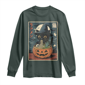 Funny Spooky Black Cat Eating Ramen Kawaii Japanese Halloween Long Sleeve Shirt TS11 Dark Forest Green Print Your Wear