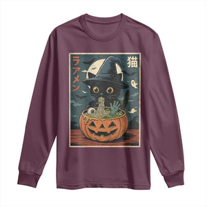 Funny Spooky Black Cat Eating Ramen Kawaii Japanese Halloween Long Sleeve Shirt TS11 Maroon Print Your Wear