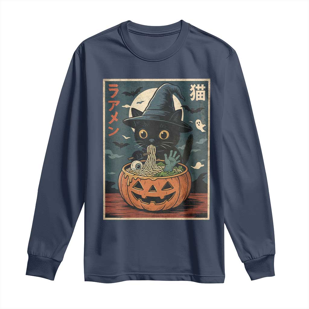 Funny Spooky Black Cat Eating Ramen Kawaii Japanese Halloween Long Sleeve Shirt TS11 Navy Print Your Wear