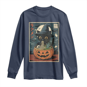 Funny Spooky Black Cat Eating Ramen Kawaii Japanese Halloween Long Sleeve Shirt TS11 Navy Print Your Wear