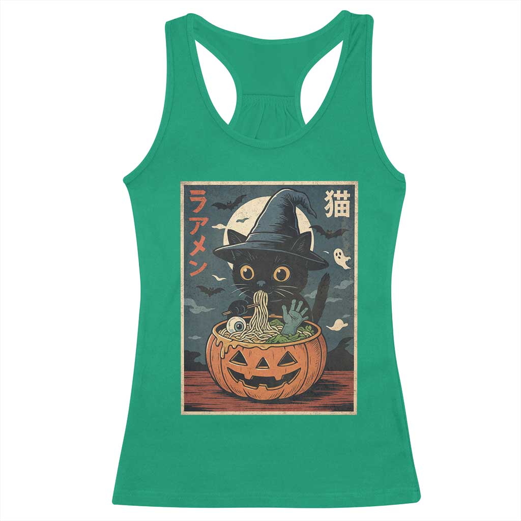 Funny Spooky Black Cat Eating Ramen Kawaii Japanese Halloween Racerback Tank Top TS11 Irish Green Print Your Wear