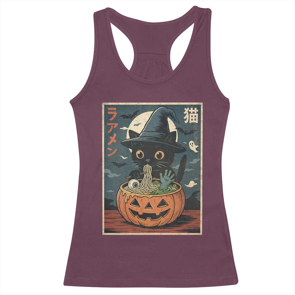 Funny Spooky Black Cat Eating Ramen Kawaii Japanese Halloween Racerback Tank Top TS11 Maroon Print Your Wear