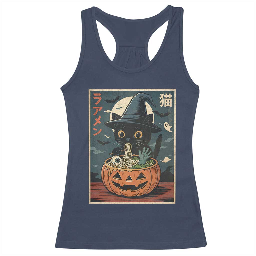 Funny Spooky Black Cat Eating Ramen Kawaii Japanese Halloween Racerback Tank Top TS11 Navy Print Your Wear