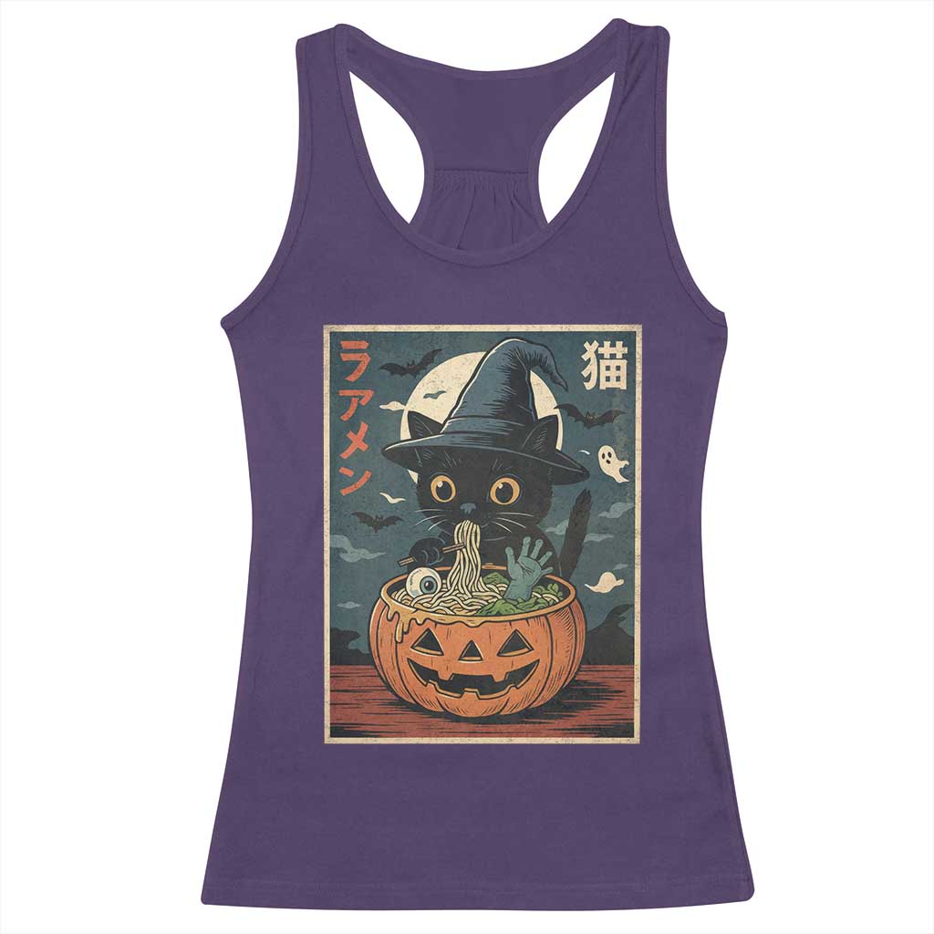 Funny Spooky Black Cat Eating Ramen Kawaii Japanese Halloween Racerback Tank Top TS11 Purple Print Your Wear