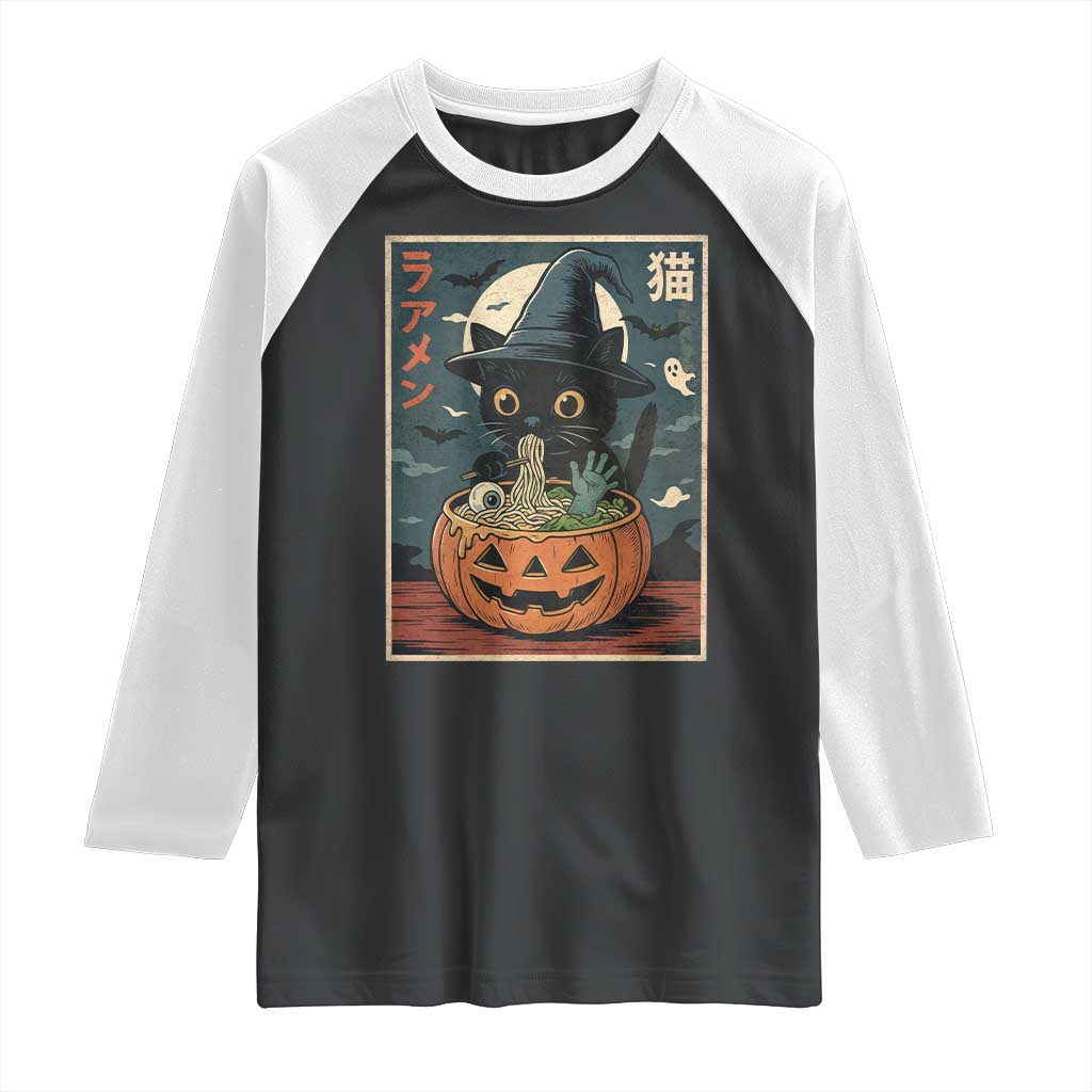 Funny Spooky Black Cat Eating Ramen Kawaii Japanese Halloween Raglan Shirt TS11 Black White Print Your Wear