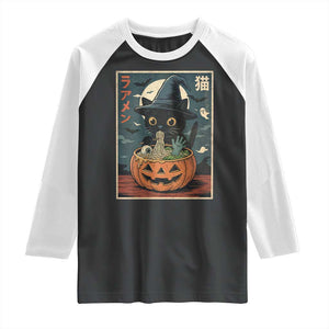 Funny Spooky Black Cat Eating Ramen Kawaii Japanese Halloween Raglan Shirt TS11 Black White Print Your Wear