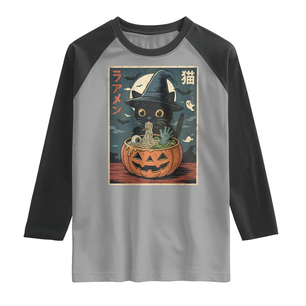 Funny Spooky Black Cat Eating Ramen Kawaii Japanese Halloween Raglan Shirt TS11 Sport Gray Black Print Your Wear
