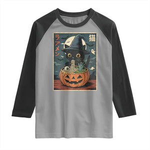 Funny Spooky Black Cat Eating Ramen Kawaii Japanese Halloween Raglan Shirt TS11 Sport Gray Black Print Your Wear